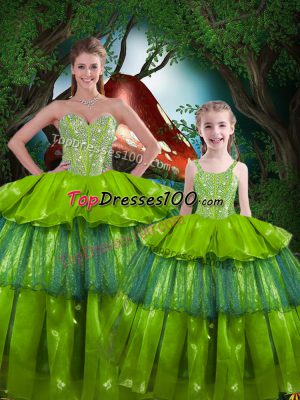 Olive Green Ball Gowns Beading and Ruffled Layers Quince Ball Gowns Lace Up Organza Sleeveless Floor Length