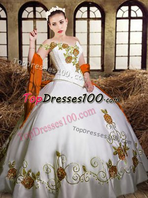 White Sleeveless Floor Length Embroidery Lace Up Quinceanera Dress