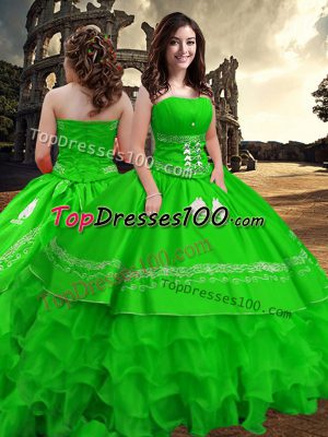 Dazzling Floor Length Zipper Sweet 16 Quinceanera Dress Green for Military Ball and Sweet 16 and Quinceanera with Embroidery and Ruffled Layers