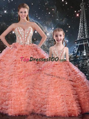 Designer Tulle Sweetheart Sleeveless Lace Up Beading and Ruffles Ball Gown Prom Dress in Watermelon Red