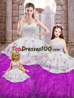 Decent Sleeveless Organza Floor Length Lace Up Vestidos de Quinceanera in White And Purple with Beading and Appliques and Ruffles