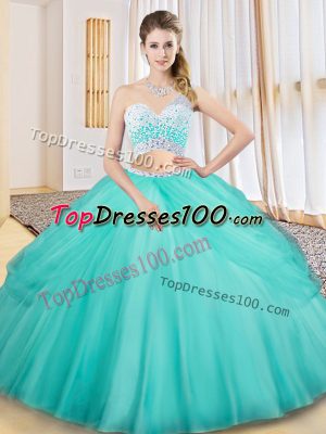 Modest Sleeveless Tulle Floor Length Criss Cross Sweet 16 Dress in Aqua Blue with Beading and Ruching and Pick Ups