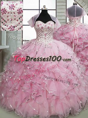 Baby Pink Sweetheart Lace Up Beading and Ruffles Quinceanera Gowns Brush Train Sleeveless