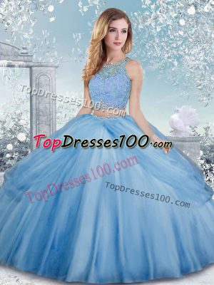 Best Selling Baby Blue Tulle Clasp Handle Scoop Sleeveless Floor Length Sweet 16 Quinceanera Dress Beading