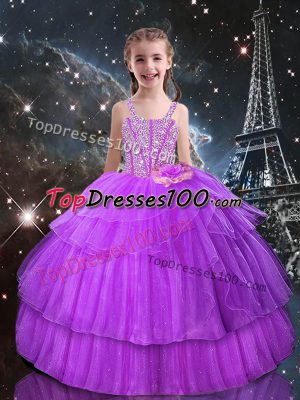 Fancy Floor Length Lilac Kids Pageant Dress Straps Sleeveless Lace Up