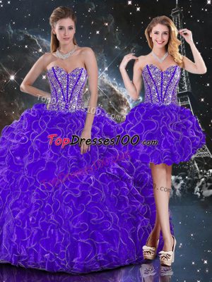 Purple Sleeveless Beading and Ruffles Floor Length 15 Quinceanera Dress