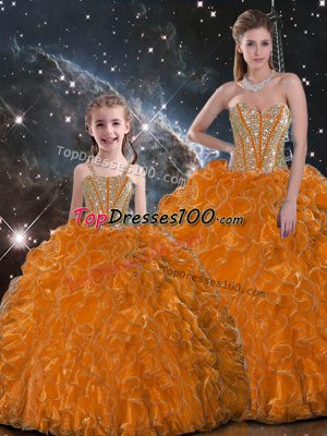 Chic Orange Sleeveless Beading and Ruffles Floor Length Quinceanera Gown
