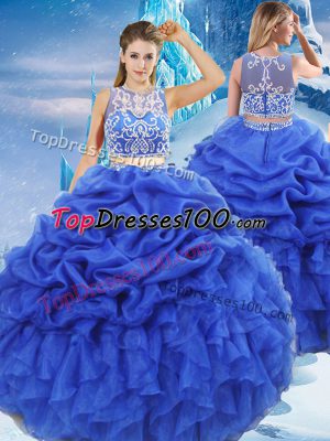 Scoop Sleeveless Zipper Sweet 16 Dress Royal Blue Organza