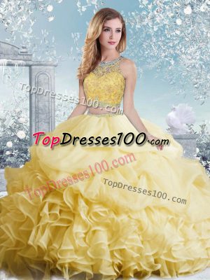 Yellow Two Pieces Beading and Ruffles and Pick Ups Quinceanera Gown Clasp Handle Organza Sleeveless Floor Length