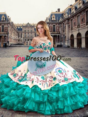 Custom Made Ball Gowns Sweet 16 Quinceanera Dress Turquoise Sweetheart Organza and Taffeta Sleeveless Floor Length Lace Up