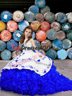 Adorable Sleeveless Embroidery and Ruffled Layers Lace Up Little Girl Pageant Dress with Blue And White Brush Train