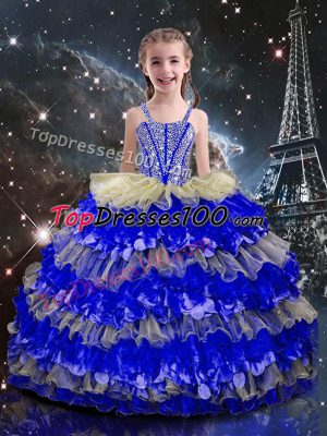 Multi-color Lace Up Child Pageant Dress Beading and Ruffled Layers Sleeveless Floor Length