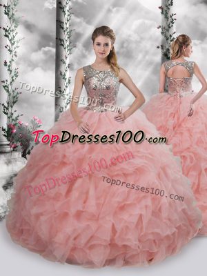 Baby Pink Organza Lace Up Sweet 16 Quinceanera Dress Sleeveless Floor Length Beading and Ruffles
