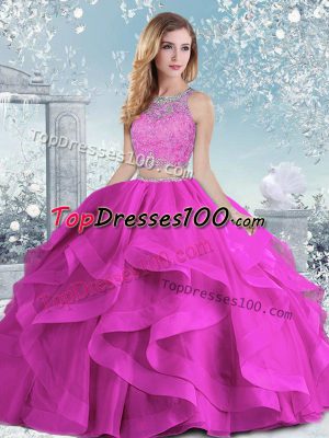 Fuchsia Sleeveless Organza Clasp Handle Sweet 16 Quinceanera Dress for Military Ball and Sweet 16 and Quinceanera