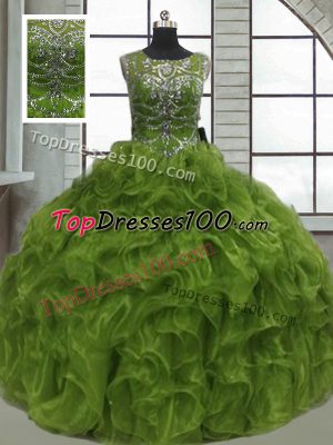 Eye-catching Olive Green Lace Up Scoop Beading and Ruffles 15 Quinceanera Dress Organza Sleeveless