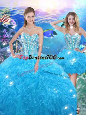 Edgy Beading and Ruffles Ball Gown Prom Dress Baby Blue Lace Up Sleeveless Floor Length