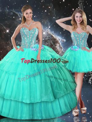 Beautiful Turquoise Sleeveless Floor Length Ruffled Layers and Sequins Lace Up Quinceanera Dress