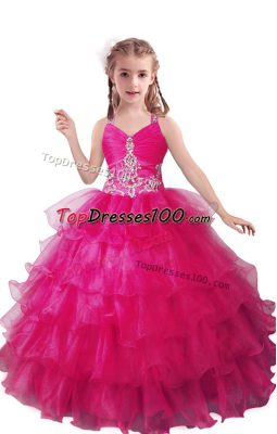 Affordable Floor Length Fuchsia Custom Made Organza Sleeveless Beading and Ruffled Layers