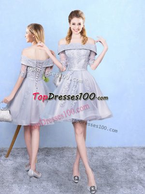 Knee Length Grey Wedding Guest Dresses Off The Shoulder Half Sleeves Lace Up