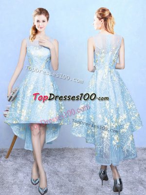 Delicate Aqua Blue Sleeveless Embroidery High Low Wedding Guest Dresses