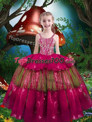 Sleeveless Organza Floor Length Lace Up Kids Pageant Dress in Hot Pink with Beading and Ruffled Layers
