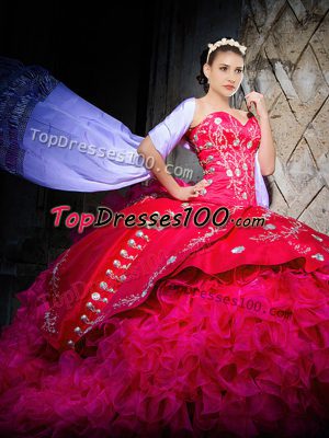Sumptuous Hot Pink Lace Up Sweetheart Embroidery and Ruffles 15 Quinceanera Dress Organza Sleeveless Brush Train