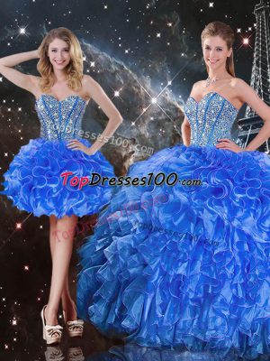 Royal Blue Sleeveless Organza Lace Up Sweet 16 Dress for Military Ball and Sweet 16 and Quinceanera