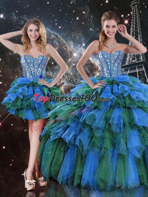 Floor Length Multi-color Quinceanera Dress Organza Sleeveless Beading and Ruffles and Ruffled Layers