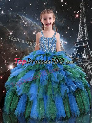 Stunning Blue Tulle Lace Up Little Girl Pageant Dress Sleeveless Floor Length Beading and Ruffles