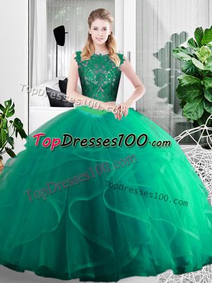 Designer Turquoise Two Pieces Scoop Sleeveless Tulle Floor Length Zipper Lace and Ruffles Sweet 16 Quinceanera Dress