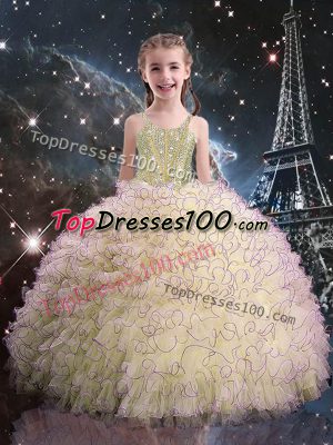Light Yellow Organza Lace Up Party Dress Sleeveless Floor Length Beading and Ruffles