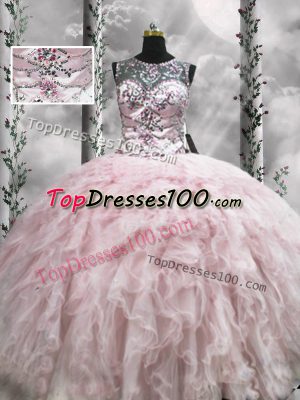 Captivating Floor Length Zipper Sweet 16 Dresses Pink for Military Ball and Sweet 16 and Quinceanera with Beading and Ruffles