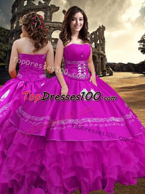 On Sale Strapless Sleeveless Ball Gown Prom Dress Floor Length Embroidery and Ruffled Layers Fuchsia Taffeta