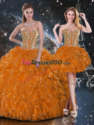 Rust Red Organza Lace Up Sweetheart Sleeveless Floor Length Sweet 16 Dresses Beading and Ruffles