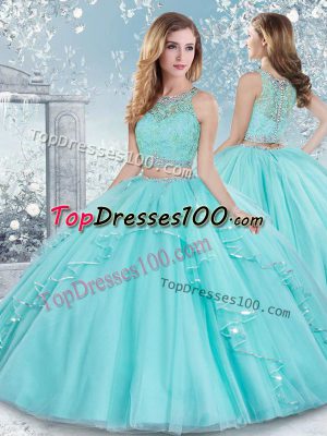 Aqua Blue Clasp Handle Scoop Beading and Lace Quinceanera Gowns Tulle Sleeveless