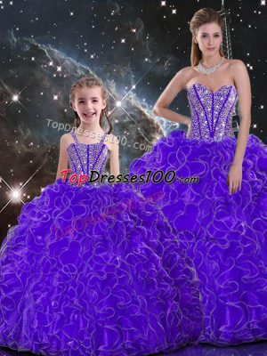 Charming Sleeveless Organza Floor Length Lace Up Quinceanera Gown in Purple with Beading and Ruffles