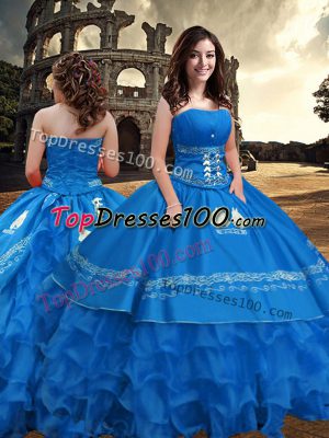 Sexy Blue Strapless Zipper Embroidery and Ruffled Layers Quinceanera Dress Sleeveless
