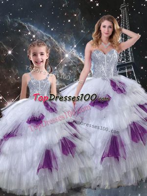 Multi-color Ball Gowns Organza Sweetheart Sleeveless Beading and Ruffled Layers Floor Length Lace Up 15th Birthday Dress