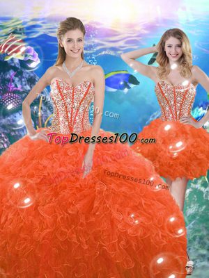 Orange Red Ball Gowns Beading and Ruffles Quince Ball Gowns Lace Up Organza Sleeveless Floor Length