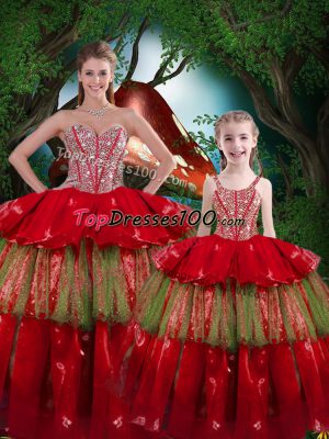 Sweetheart Sleeveless 15th Birthday Dress Floor Length Beading and Ruffled Layers Wine Red Organza