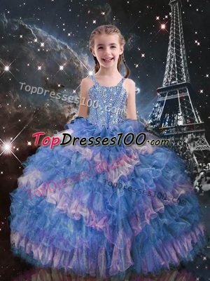 Light Blue Sleeveless Beading and Ruffled Layers Floor Length Girls Pageant Dresses