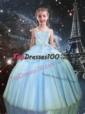 Light Blue Ball Gowns Beading Juniors Party Dress Lace Up Tulle Sleeveless Floor Length