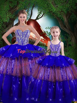 Custom Made Floor Length Lace Up Quinceanera Gown Royal Blue for Military Ball and Sweet 16 and Quinceanera with Beading and Ruffled Layers