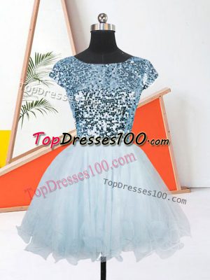 Beauteous Scoop Short Sleeves Lace Up Prom Party Dress Light Blue Organza
