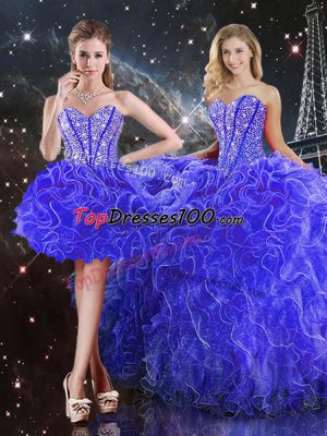 Top Selling Blue Sleeveless Organza Lace Up Quinceanera Gowns for Military Ball and Sweet 16 and Quinceanera