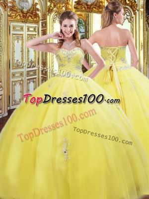 Ideal Floor Length Gold Quinceanera Gowns Tulle Sleeveless Beading and Appliques