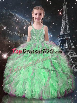 Sleeveless Floor Length Beading and Ruffles Lace Up Little Girls Pageant Dress with Apple Green