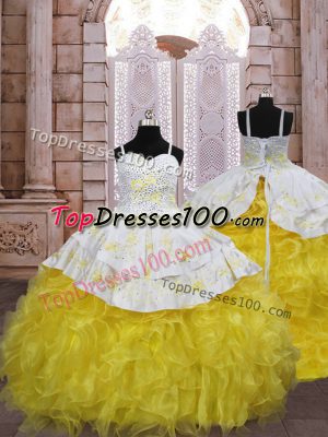 Ball Gowns Sleeveless Gold Little Girl Pageant Dress Brush Train Lace Up