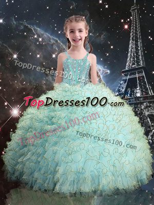 Discount Aqua Blue Ball Gowns Straps Sleeveless Organza Floor Length Lace Up Beading and Ruffles Party Dress for Toddlers