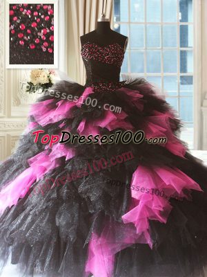 Excellent Pink And Black Lace Up Quinceanera Gown Beading and Ruffles Sleeveless Floor Length